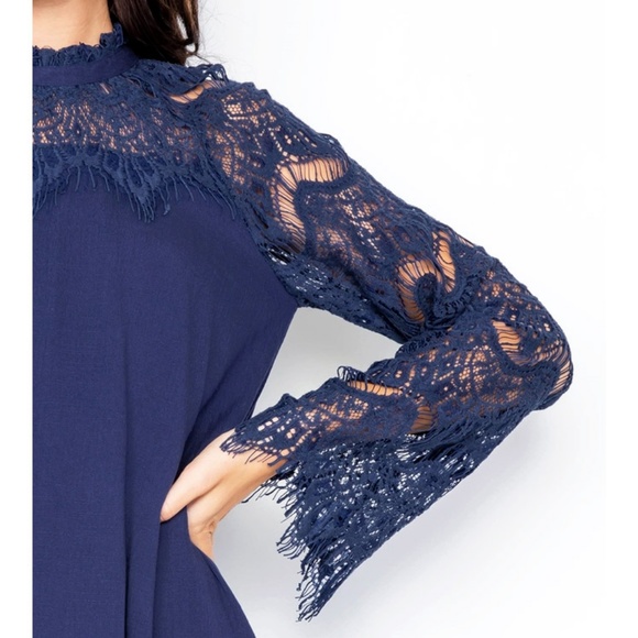 Navy Blue Crochet Lace Mock Neck Swing Shift Dress - Picture 6 of 8